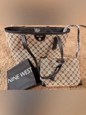 Nine West Beige and Black Logo Tote with Matching Pouch